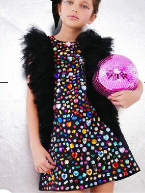 BNWT Lola + The Boys Black Jewel-Studded Tulle Shoulder Dress. Sz 6.
